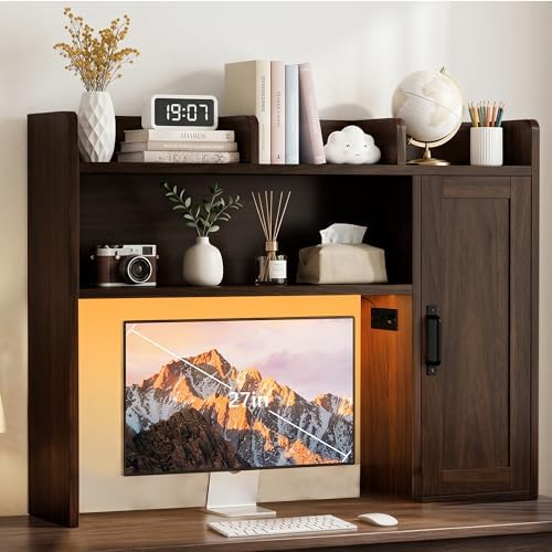 Desktop Bookshelf, Desk Hutch with RGB LED Lights & Power Outlets