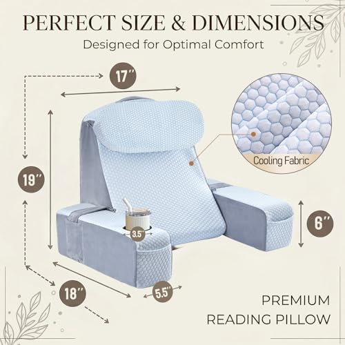 Reading Pillow for Adults, Back Pillow for Bed Sitting Up, Backrest Pillow for Sitting in Bed, Detachable Arms with Built-in Cup & Phone Caddy (White Cooling - Polka, 19 INCH)