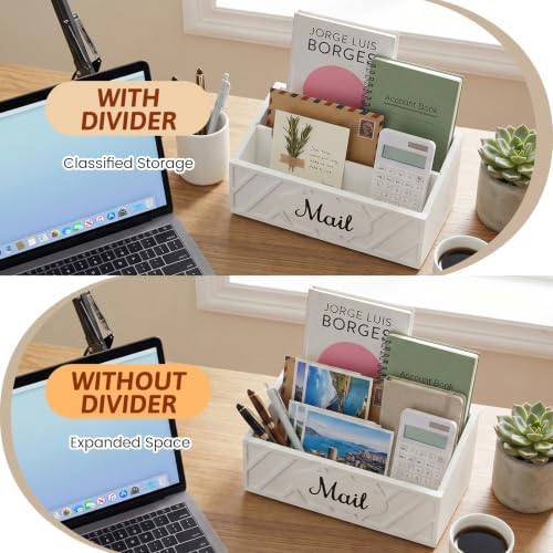 Mail Organizer Countertop with 2 Slots, Farmhouse Mail Holder for Desk with Removable Divider, Wooden Desk Organizer for Letters Bills Envelopes Storage, Mail Sorter for Home Office Countertop, White