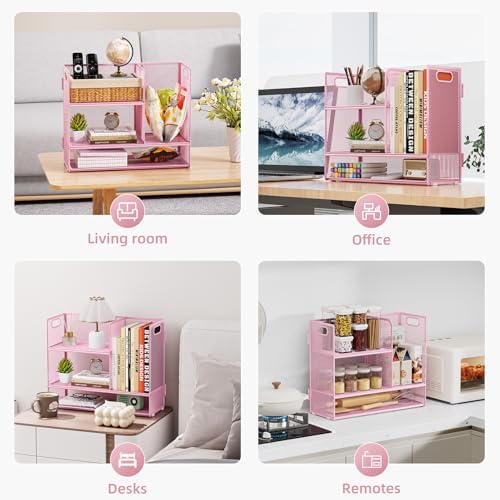 Marbrasse Desk Shelf Organizer with Handle, Bookshelf File Holder, Pink