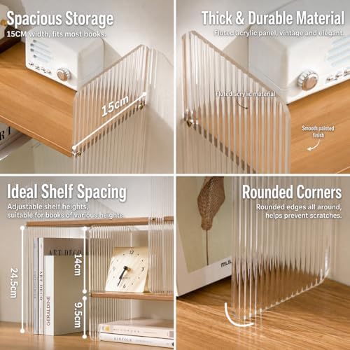 BYCY Expandable Desktop Shelf Organizer, Adjustable Wood Display Shelf with Acrylic Side Board, Office Storage Rack Desk Book Organizer for Home Decor, Office(Solid Brown)