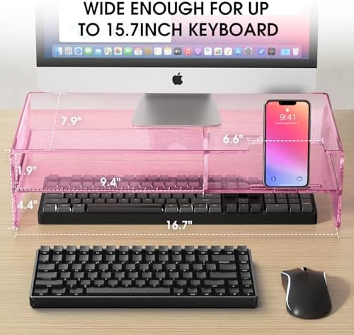 Pink Acrylic Monitor Riser, 2-Tier Desk Computer Stand With Storage & Phone Holder