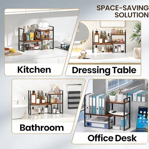 Expandable Desktop Shelf Organizer, 2 Tier Wood Desk Shelf for Office, Metal Corner Bookshelf, Countertop Storage Rack (Brown)