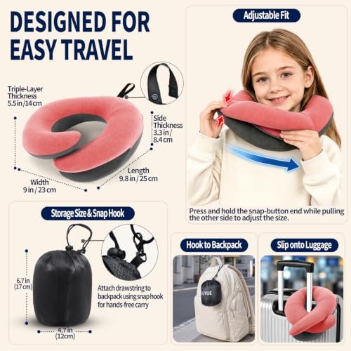 BUYUE Kids Travel Pillows for Airplane, Memory Foam 360° Head Support Sleeping Essentials for Girls Long Flight, Skin-Friendly Soft Neck Pillow for Traveling in Car Seat, (Small, Pink Grey, 40-90 lbs)