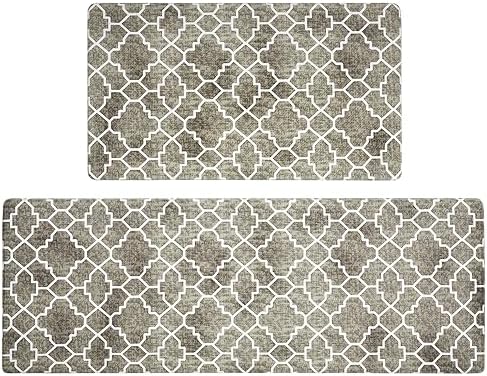 FRESHMINT Kitchen Mat Set of 2, Anti-Fatigue Cushioned Kitchen Mats for Floor, Waterproof Non Slip Comfort Standing Mat, Boho Kitchen Rug for Kitchen Decor, Sink, Office, 17"x30"+17"x47", Khaki Tan