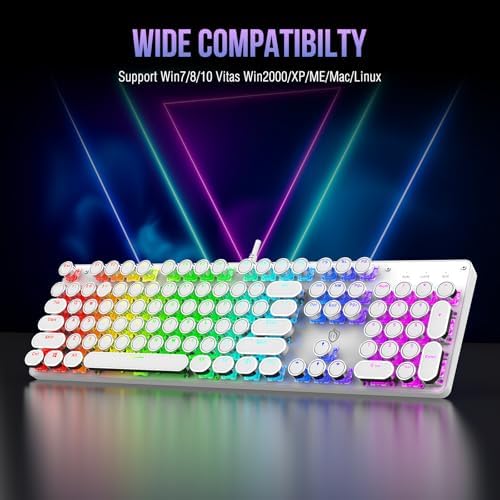 Typewriter Mechanical Gaming Keyboard with RGB Backlit Red Switches, 104 Keys Retro Round Keycap, Wired Typewriter Style Comfortable Typing Soud (R-White)