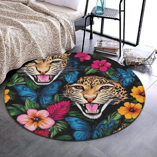 Large Round Area Rug Home Decor Modern Bathroom Rug Kitchen Office Circle Rug for Living Room Sofa Circle Cute Mat Jungle Florals Cheetah Leopard Print, 36inch