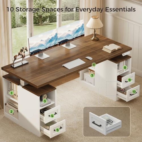 OffiGo 55 Inch Farmhouse Standing Desk with Storage Drawers, Walnut White