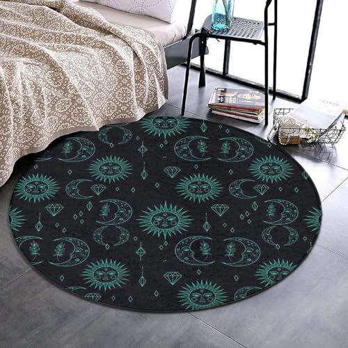 Large Home Decor Mat, Soft Round Yoga Carpet, Non Slip Machine Washable Home Office Circle Rug Trippy Sun Moon Star, 36inch