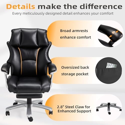 HOMREST Big and Tall Office Chair, 550LBS Heavy Duty Office Chair for Heavy People, Leather Executive Chair with 155° Recline Backrest, Large Back Pocket & Footrest Black