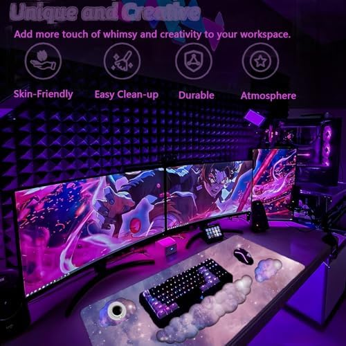 Cloud Wrist Rest Keyboard Purple Cloud Mouse Pad Set 4PCS Galaxy Large Desk Mat Ergonomic Space Wrist Pad Support Memory Foam Non-Slip Wrist Rest for Keyboard and Mouse Computer Gaming Home Office