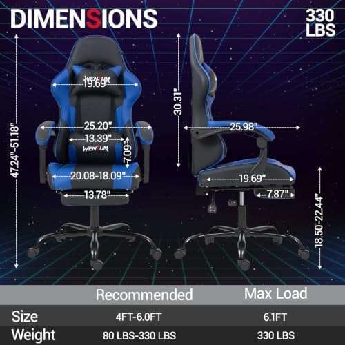 Gaming Chair with Footrest for Adults, PU Leather Massage Racing Video Game Chair with Lumbar Support for Men Women, Ergonomic Computer Gamer Chair for Home Office, Height Adjustable, Blue