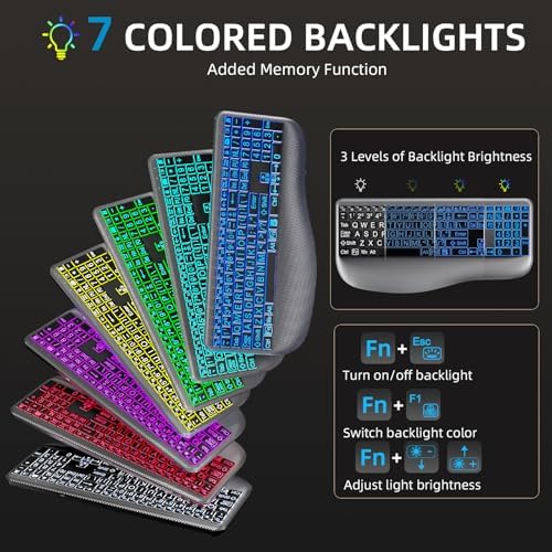 Hamile Large Print Wireless Backlit Keyboard for Windows, Gray