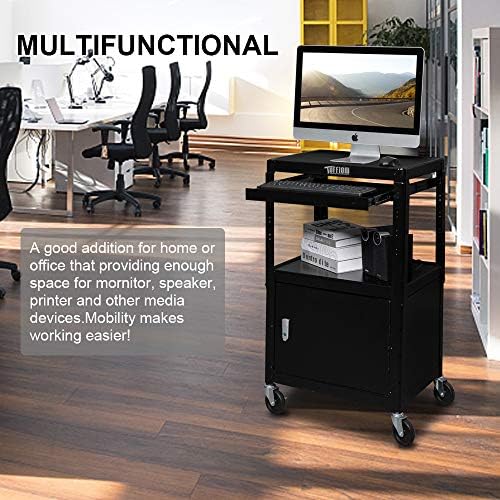 TUFFIOM AV Presentation Cart for Video Projector, Laptop Computer, Mobile Workstation Utility Media Cart for School Classroom Office, Rolling Storage Stand with Locking Cabinet Keyboard Shelf
