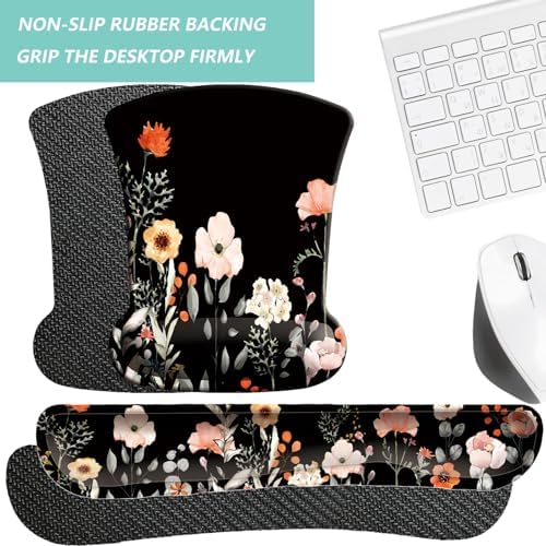 Keyboard Wrist Rest Pad Mouse Pad with Wrist Support Set of 3, Gaming Mousepad with Non-Slip Rubber Base, Ergonomic Memory Foam Mouse Cushion Support for Home Office Laptop Computer, Flower Black