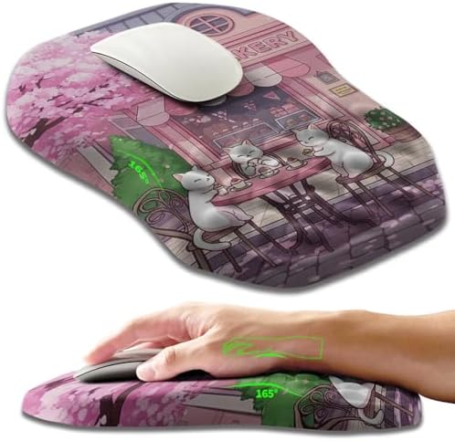 Ergonomic Slope Mouse Pad Wrist Support, Wrist Rest Mousepad for Carpal Tunnel Pain Relief with Massage Bulge and Slow Rebound Memory Foam (12x8 inch, Cat Bakery)