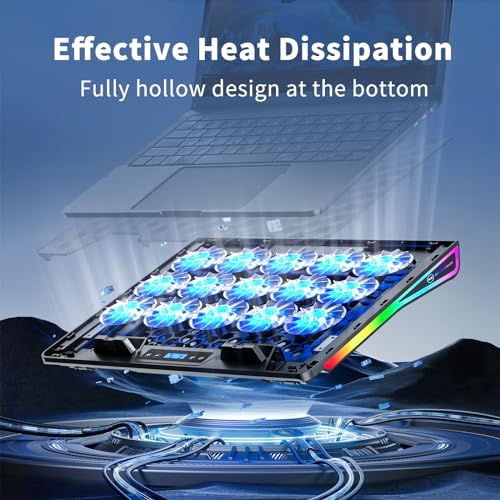 KeiBn Laptop Cooling Pad, Gaming Laptop Fan Cooling Pad with 15 Quiet Fans, RGB Laptop Cooler for 10-17.3 Inch, 4 Height Stands, 2 USB Ports - Blue