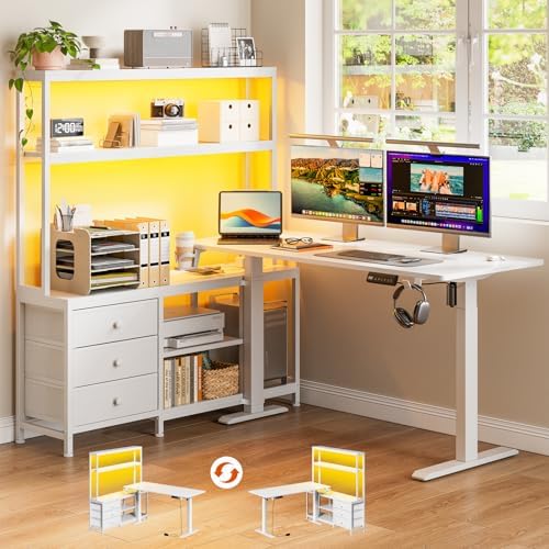 REAHOME 65Inch White L Shaped Standing Desk with Drawers and Hutch