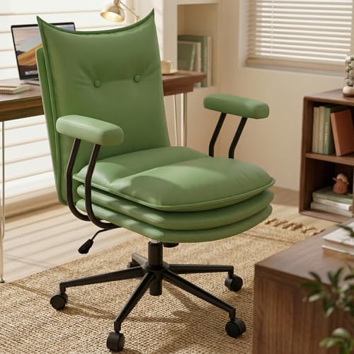Sage Green Office Chair with Triple-Layers Thicken Wide Seat, Mid Back Leather Desk Chair with Wheels and Arms, Mid-Century Modern Computer Chair for Home Office