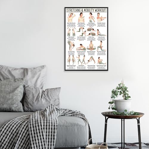 Stretching & Mobility Workout Poster, 16 Illustrated Full-Body Flexibility Training Chart with Hold Time Guides, Bodyweight Neck Hip Shoulder Stretch Reference for Post-Workout Recovery & Daily Mobility Improvement(16x24inchs，Wrapped Framed)