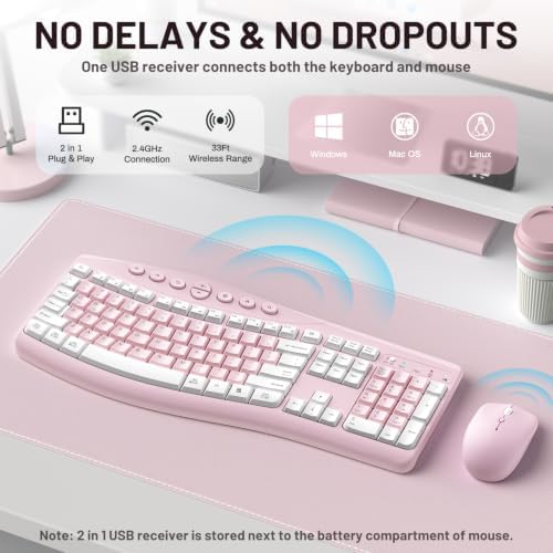 Wireless Keyboard and Mouse Combo Silent Ergonomic Curved Design for Office