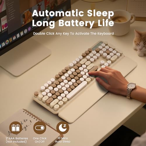 Wireless Keyboard, Round Keycaps, Retro Typewriter Keyboard with Magnetic Wrist Rest, Sleep Mode, Foldable Legs, 2.4GHz Full-Size Cordless Computer Keyboard for Windows PC, Laptop (Beige & Brown)