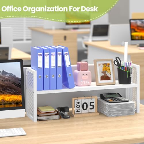 ThreeHio Expandable Desk Shelf Organizer, Desktop Bookshelf Adjustable Height, White Book Shelf for Top of Desk Organizers and Accessories, Metal Countertop Storage Display Rack for Home Office Dorm