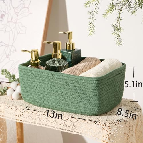 MiniArk Small Storage Baskets for Organizing | Closet Organizer Bins | Shelf Toy Basket | Woven Rope Baskets | Cube Decorative Box | Shallow Basket | 13x8.5x5.1” | 3 Packs Green