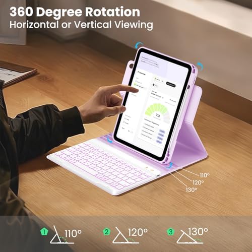 Keyboard Case for iPad 9.7 6th 2018/5th gen 2017/ Air 2-7 Color Backlit Detachable Wireless Keyboard - 360° Rotatable Magnetic Detachable Slim Folio Cover with Pencil Holder (Purple)