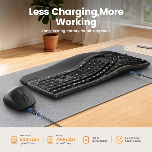 SABLUTE Ergonomic Wireless Keyboard and Mouse, Rechargeable, Split, Win/Mac