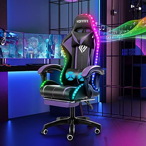 HOFFREE RGB Gaming Chair with Speakers Massage LED Lights Game Chair-Purple