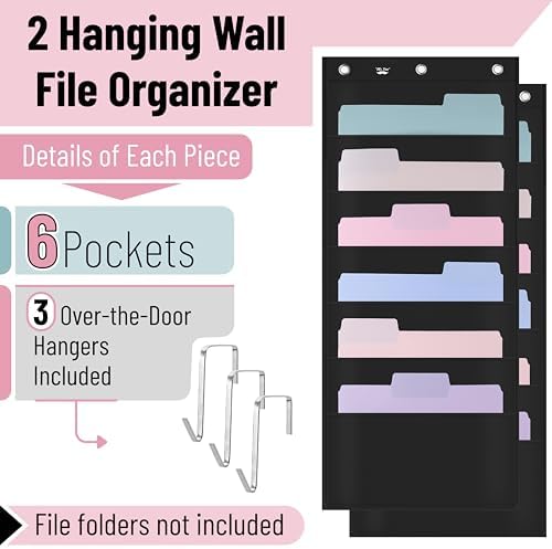 Mr. Pen- Hanging Wall File Organizer with 6 Pockets, 2 Pack, Black Fabric