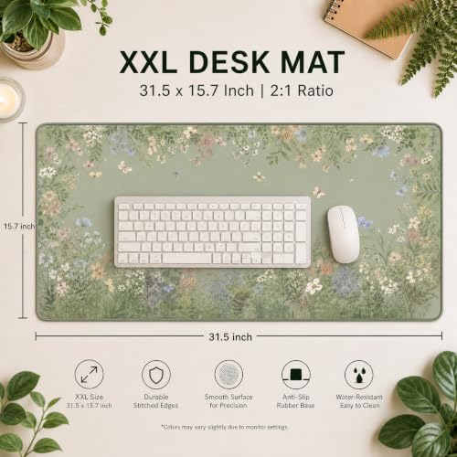Large Desk Mat 31.5x15.7 Inch Floral Mouse Pad, Butterfly Garden Gaming Mat