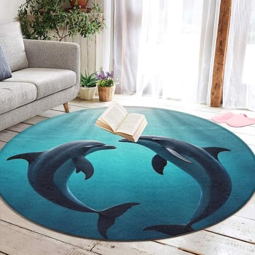 Large Home Decor Mat, Soft Round Yoga Carpet, Non Slip Machine Washable Home Office Circle Rug Dolphins