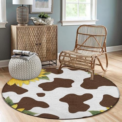 Fashion Round Area Rug Large Non Slip Carpet, Cow and Sunflower Unisex Home Decor Mat