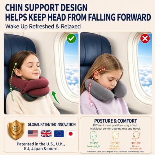 BUYUE Kids Travel Pillows for Airplane, Memory Foam 360° Head Support Sleeping Essentials for Long Flight, Skin-Friendly Soft Neck Pillow for Traveling in Car Seat, (Small, Red Grey, 40-90 lbs)