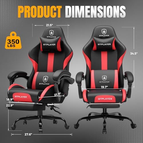 GTPLAYER Gaming Chair with Foot Rest & Pocket Spring Cushion, Ergonomic High Back Computer Chair with Headrest & 360°-Swivel Seat for Home Office Desk, PU Leather, Red