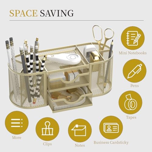 SUPEASY Mesh Desk Organizer, Pen Holder for Desk with 2 Drawers, Yellow