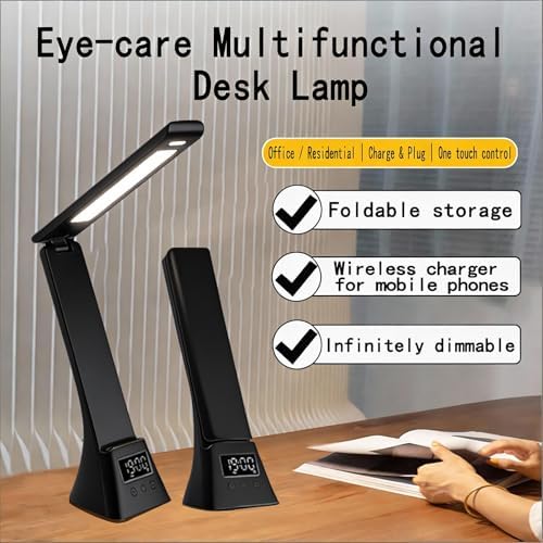 IHAO 3in1 Foldable Eye-Care Desk Lamp with 15W Wireless Charger & Digital Clock Touch Control, 3 Color Temperatures, Alarm, 180° Foldable, Phone Stand, Modern LED Table Lamp TYV-2088 Black