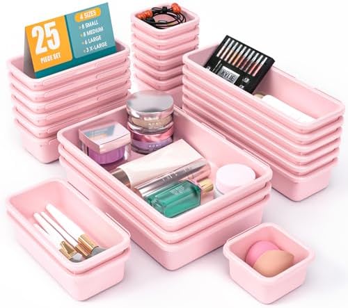 25 PCS Drawer Organizer Set, 4 Size Makeup Drawer Divider Organizer With Non-Slip Pads, Interlocking Plastic Storage Bins for Office,Jewelry Vanity,Gadgets, Bathroom,Kitchen, Pink