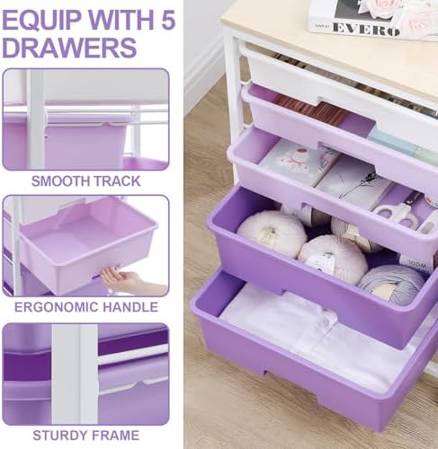 SYKIARIOL Utility Cart with 5 Drawers with Wooden Top,Purple