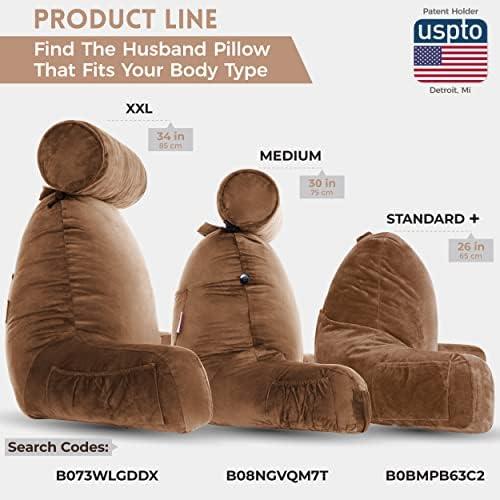 Husband Pillow Medium Reading Pillow with Arms - 23" Backrest for Sitting Up in Bed - Firm Support Bed Rest Pillow for Adults, Neck Roll, Removable Cover - TV, Reading, Lounging - Chocolate