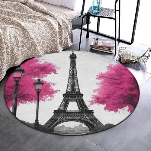 Large Home Decor Mat, Soft Round Yoga Carpet, Non Slip Machine Washable Kitchen Office Circle Rug Paris Eiffel Tower