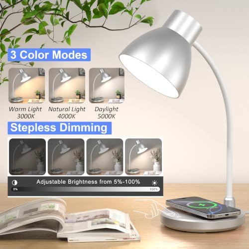 LED Desk Lamp for Home Office with Wireless Charger, Silver