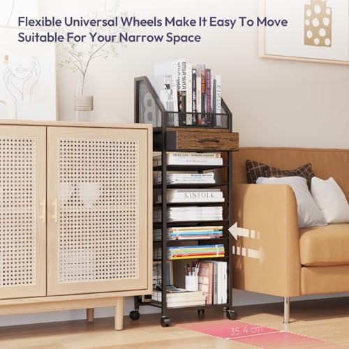SWTYMIKI 9-Tier Rolling File Cart - Paper Organizer with Drawer and Trays, Wood Desk Office Organizer, Office Organization and Binder Storage for Workspace, Home, School, Espresso