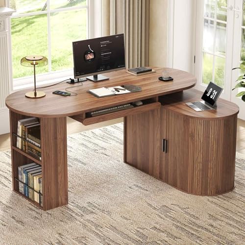 HSH L Shaped Office Corner Desk with Storage Cabinet Walnut 60 Inch