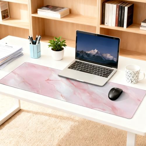 Large Mouse Pad Pink White Marble Non-Slip Rubber Long Gaming Desk Mat Big Computer Keyboard Mousepad Waterproof Protector Wristing Pad for Gaming Office Home Decorative 31.5 X 11.8 Inch