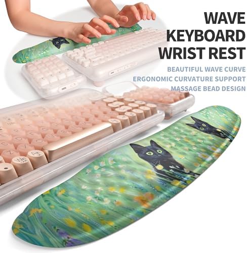 2-in-1 Ergonomic Set, Wave Keyboard Wrist Rest and Massage Slope Mouse Pad Wrist Support, Rebound Memory Foam for Relieve Carpal Tunnel Syndrome and Wrist Pain (Oil Painting Cats)