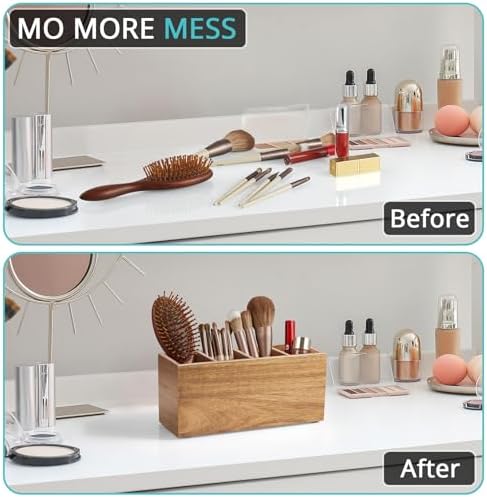 Bivvclaz Pencil Pen Holder for Desk, Acacia Wood Office Desk Organizers and Accessories with 4 Slots for Countertop, Makeup Brush Holder Organizer for Bathroom Vanity, Silverware Caddy for Party