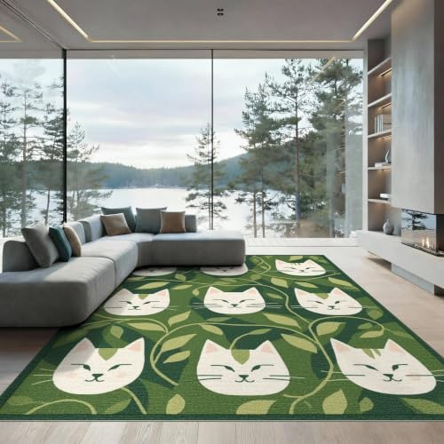 6'x9' Green Cat Forest Faces Interlinked by Washable Area Rug
